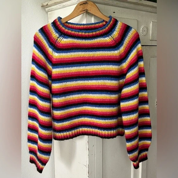 Golden Days Paris | Women’s rainbow tripped balloon sleeve pullover sweater, OS - Picture 12 of 16